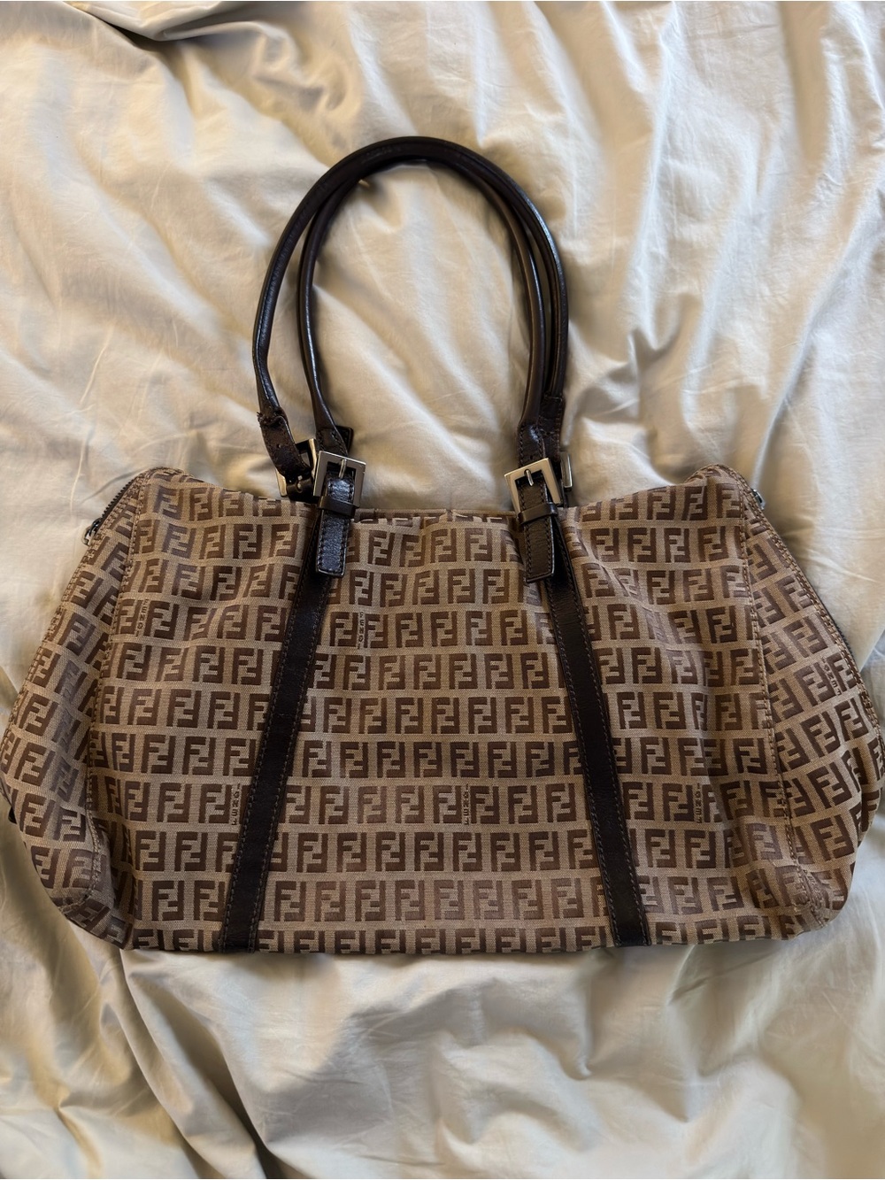Fendi Brown Monogram Zucca Shoulder Bag with Dark Brown Leather Trim